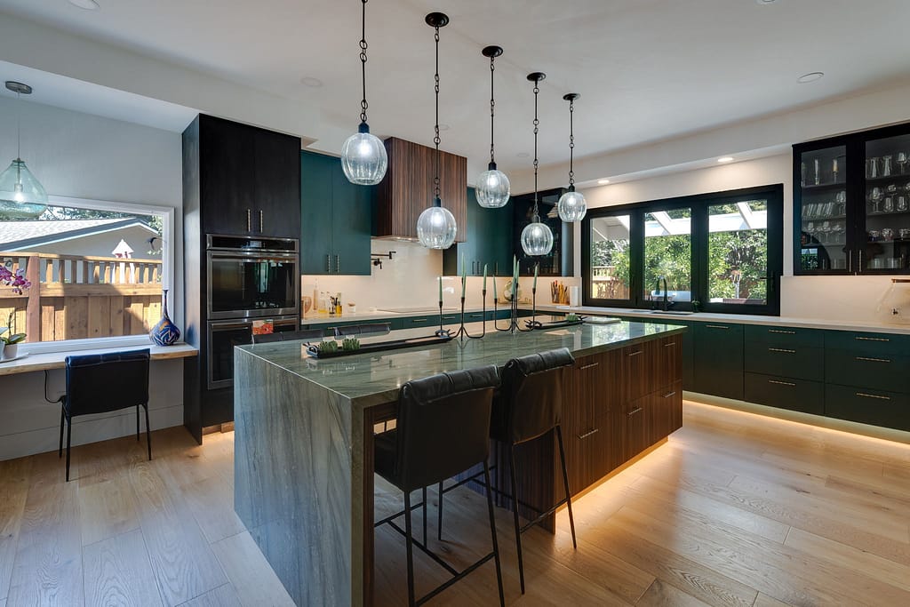 Kitchen with Rainforest Water Fall Island Slab