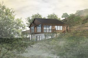 Architectural rendering of a building on a hillside with trees