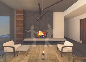 Designer renderings couple dancing in front of a fireplace